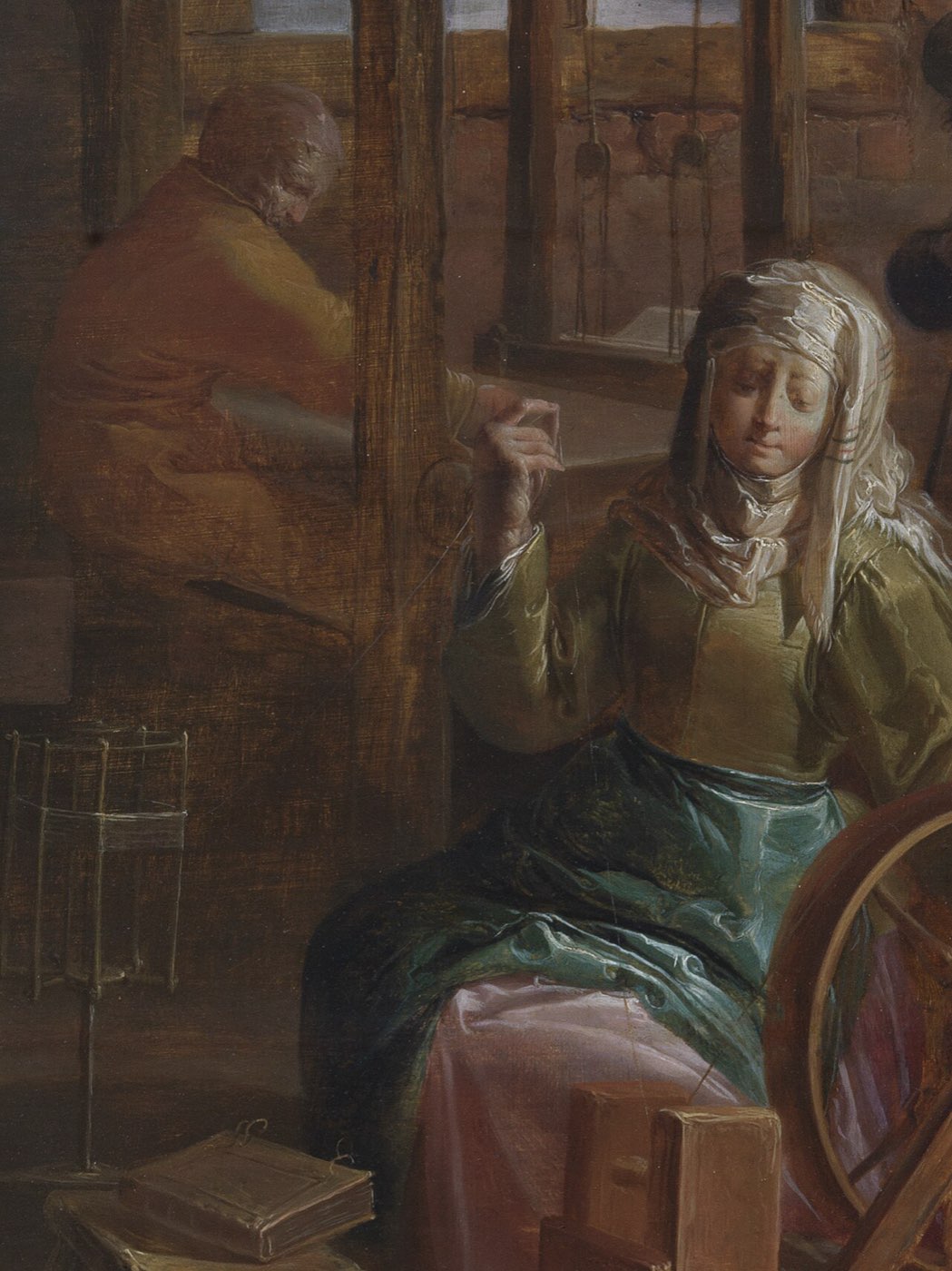 A workshop scene: a woman in a headscarf spins thread in the foreground while a man works at the loom behind -- Paul at the tentmakers' trade with Aquila and Priscilla.
