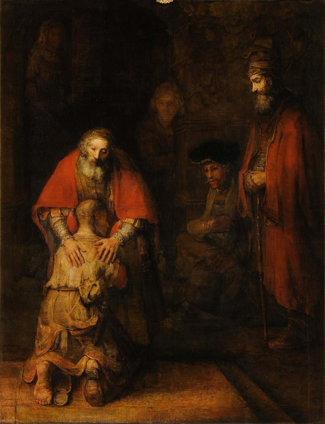 Rembrandt's Return of the Prodigal Son: the ragged son kneels with shaved head against his father's breast as the old man's hands rest on his back, watchers standing in shadow.