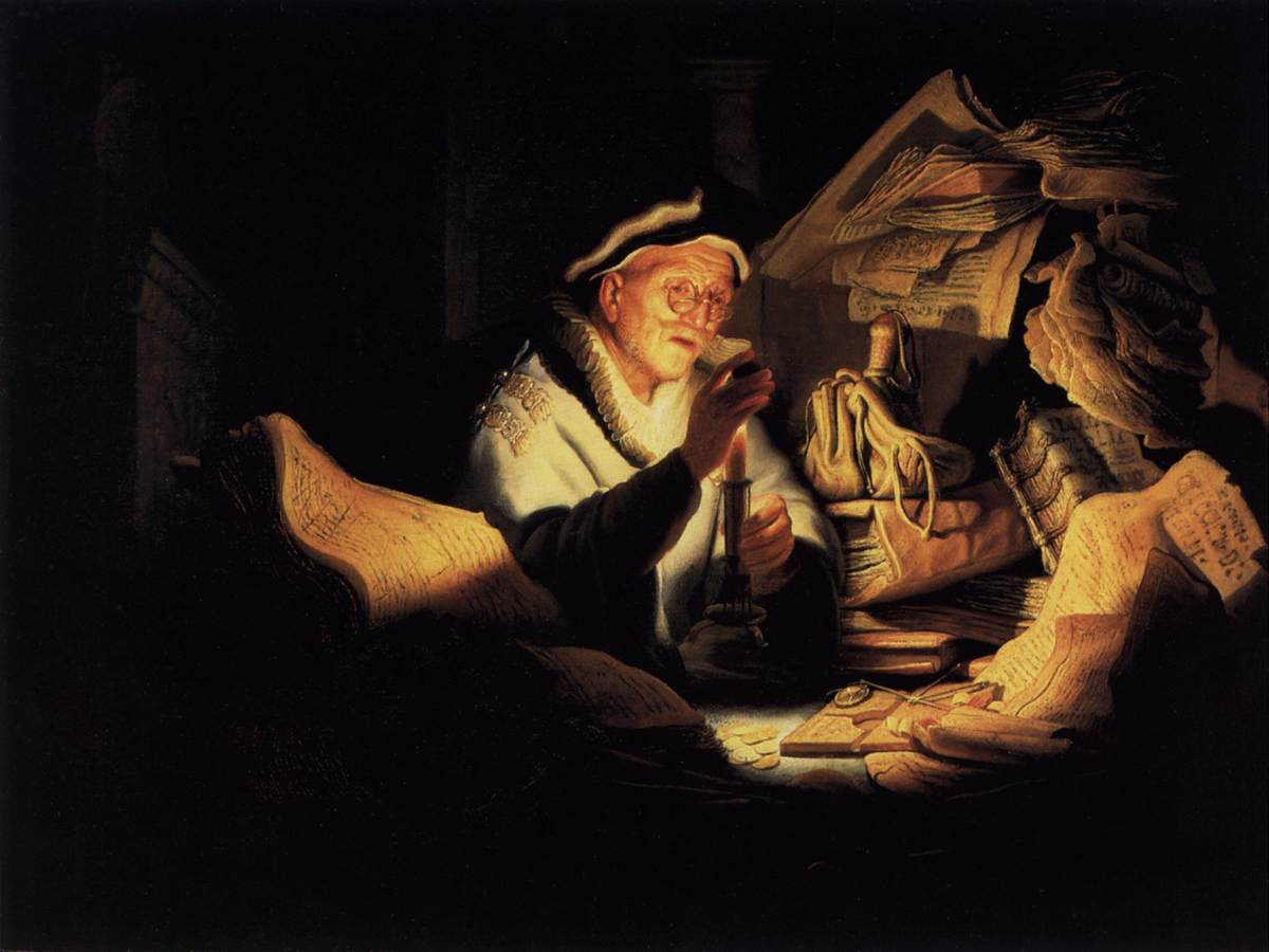 Rembrandt's candlelit painting of the rich fool: an old man in spectacles holds a coin up to the candle, surrounded by ledgers and money bags in the dark.