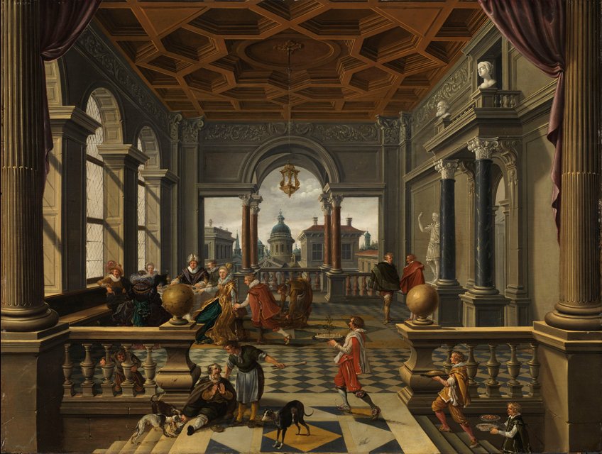Van Bassen's painting of the parable: a lavish banquet proceeds in a grand palace hall while at the lower doorway the beggar Lazarus is turned away among the dogs.