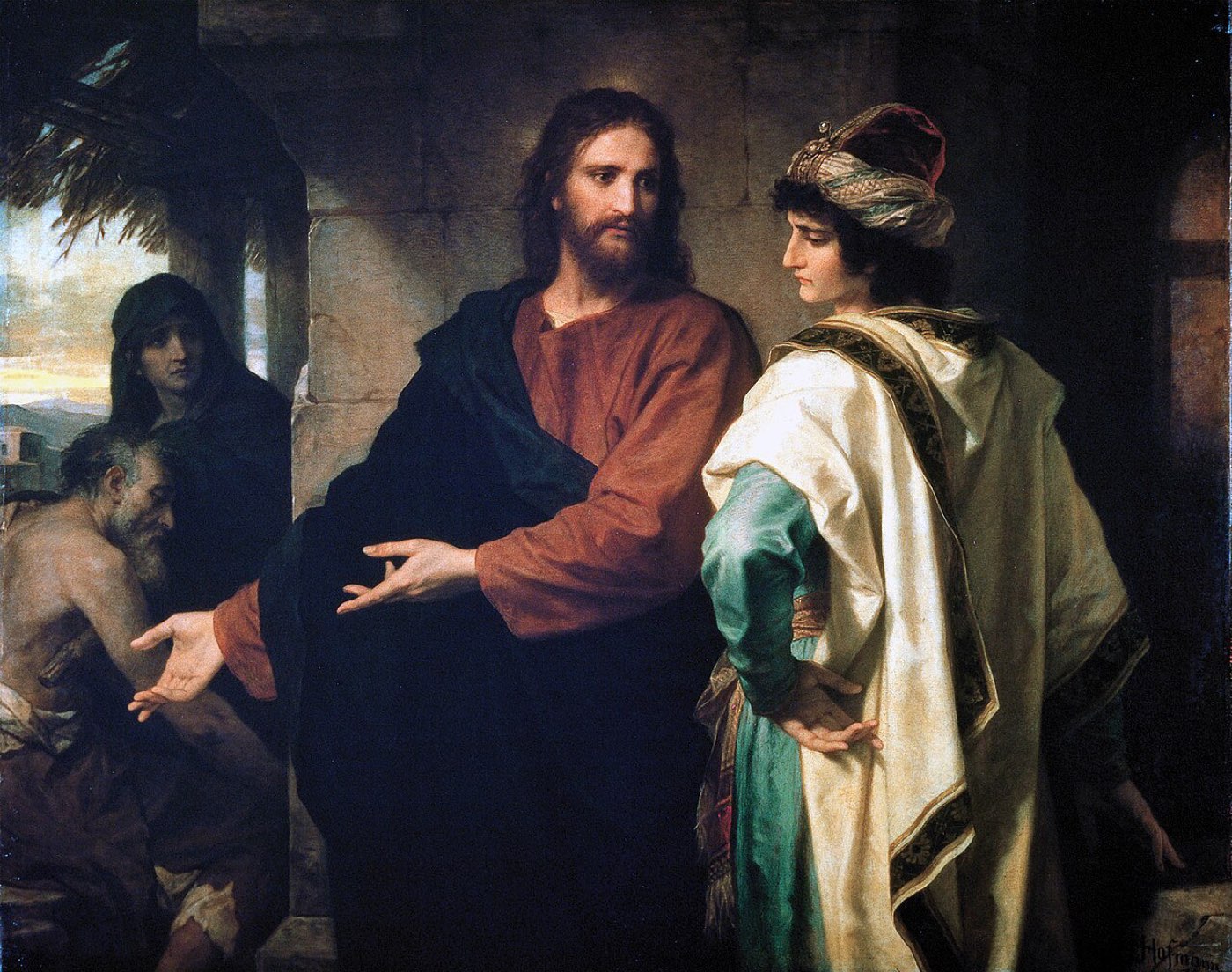 Hofmann's painting of Christ and the rich young ruler: Jesus gestures gently toward the richly dressed young man, who looks down and away, unwilling.