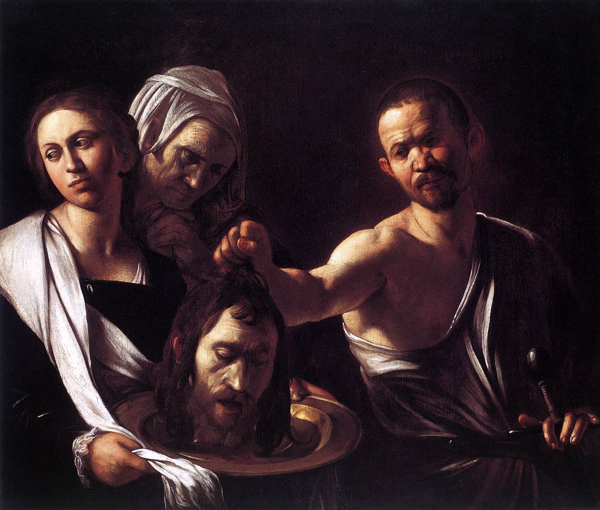 Caravaggio's Salome with the head of John the Baptist: the young woman looks away from the platter she holds, an old servant clasps her hands, and the executioner grips the head by its hair.