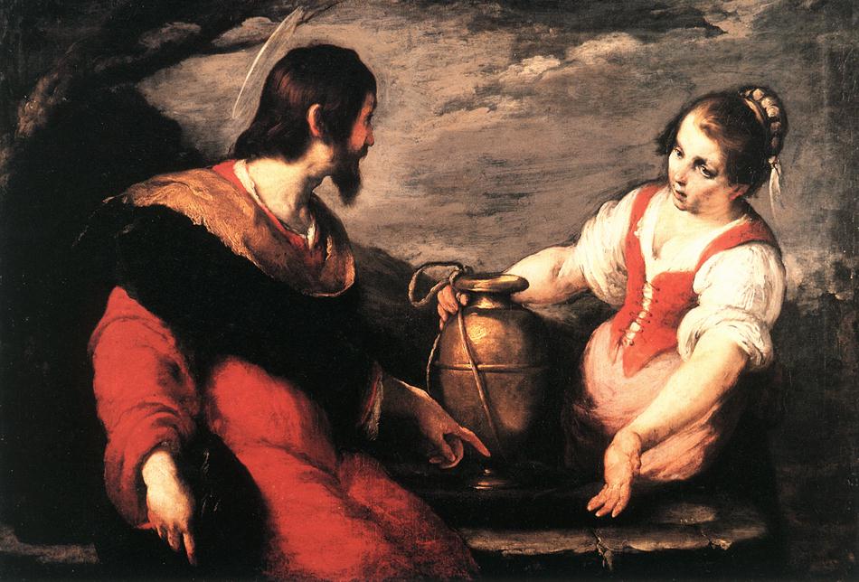 Strozzi's painting of Christ and the Samaritan woman: Jesus in red gestures toward the woman at the wellhead, who turns back toward him with her brass water jug in hand.