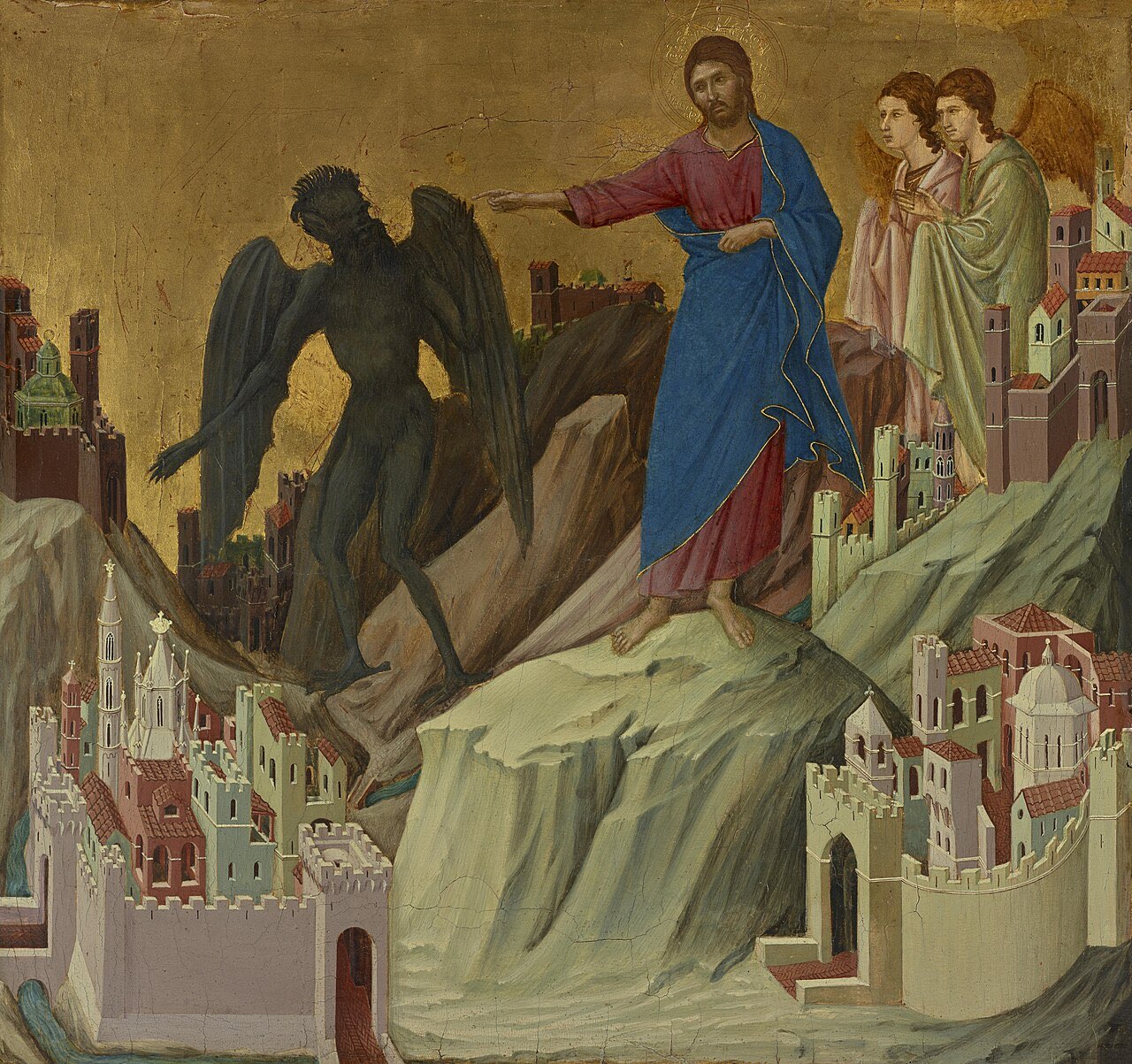 Duccio's Temptation on the Mount: Jesus in red and blue dismisses a dark winged devil from a rocky summit overlooking miniature golden kingdoms, as two angels wait behind him.
