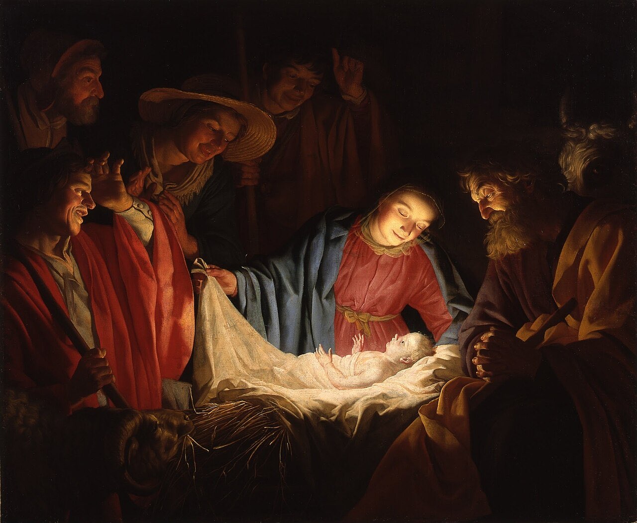 Honthorst's Adoration of the Shepherds: weathered shepherds lean over the manger in the dark, their faces lit entirely by the glow rising from the newborn child.