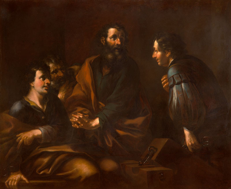 Halbax's painting of Paul and Silas in prison: the two men in chains by lamplight, faces lifted in prayer and song.