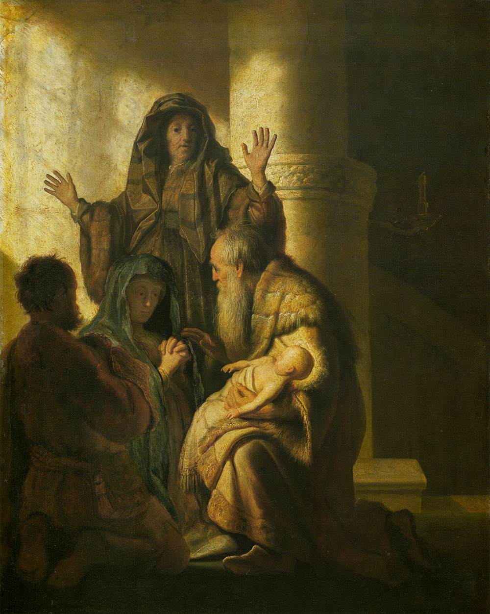 Rembrandt's painting of Simeon in the temple: the old man in a fur-trimmed robe cradles the infant Jesus while Anna stands behind with raised hands and Mary and Joseph kneel in the shadowed colonnade.