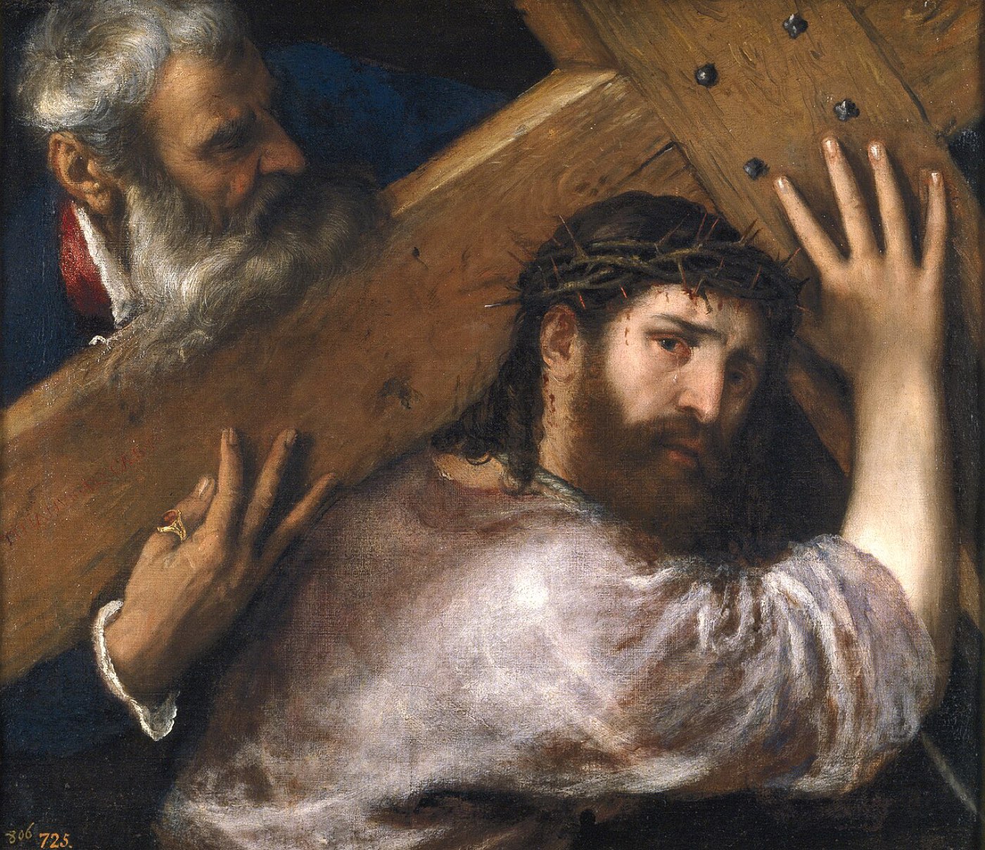 Titian's painting of Christ carrying the cross: Simon of Cyrene reaches in to take the beam's weight as Jesus, crowned with thorns, looks out from beneath it.