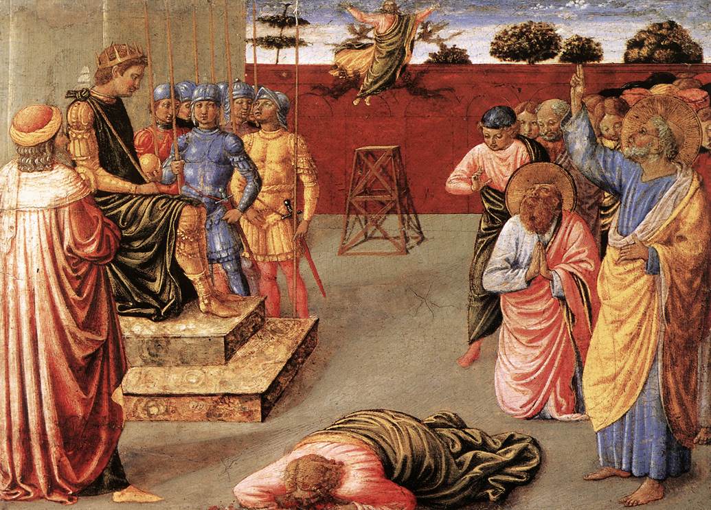 Gozzoli's painting of the fall of Simon Magus: the sorcerer plummets headlong from the sky before the emperor's throne as Peter and Paul pray at the right.