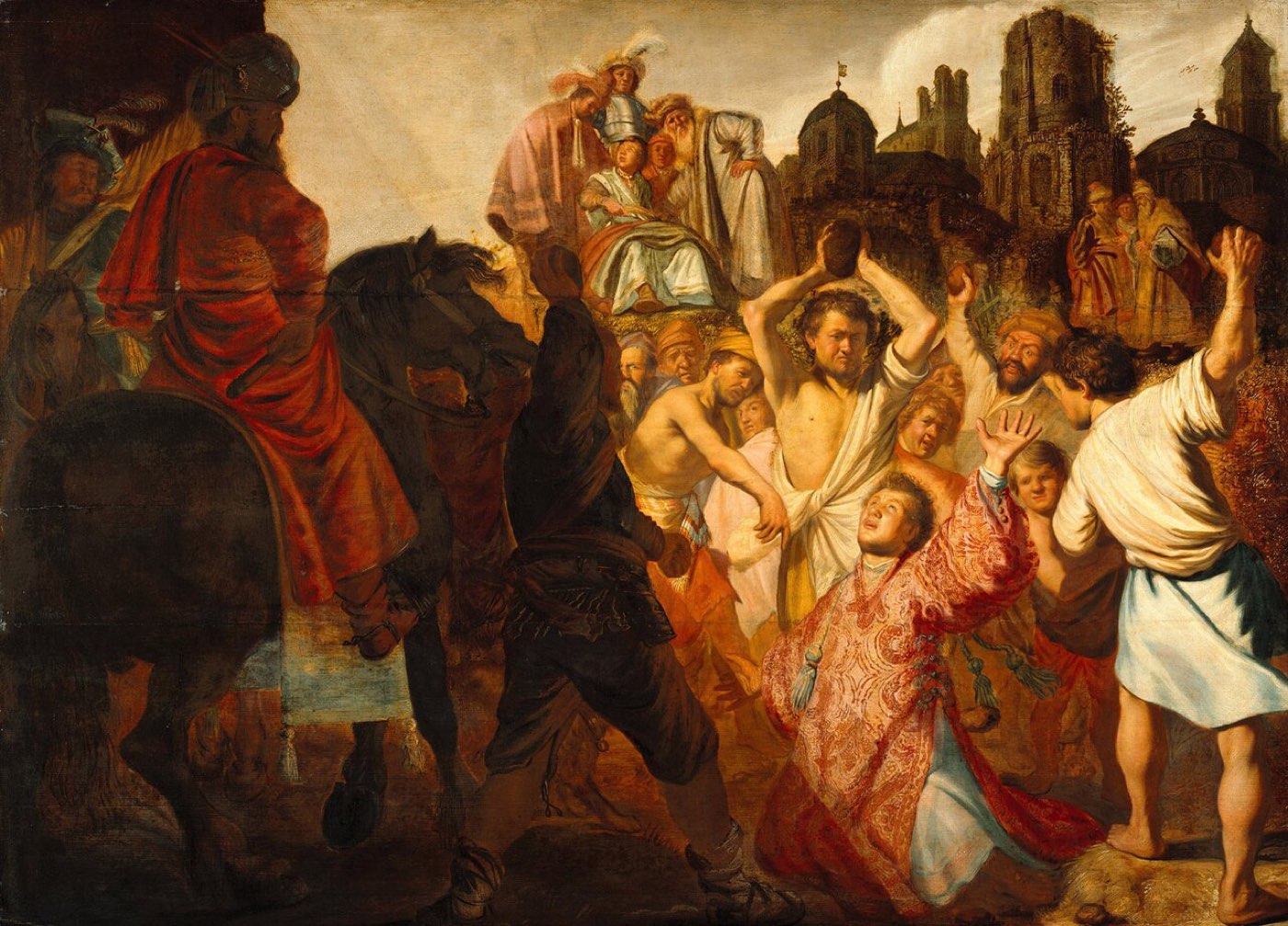 Rembrandt's Stoning of Saint Stephen: the kneeling martyr looks upward with raised hands as the stone-throwers close in and riders watch from the hill.