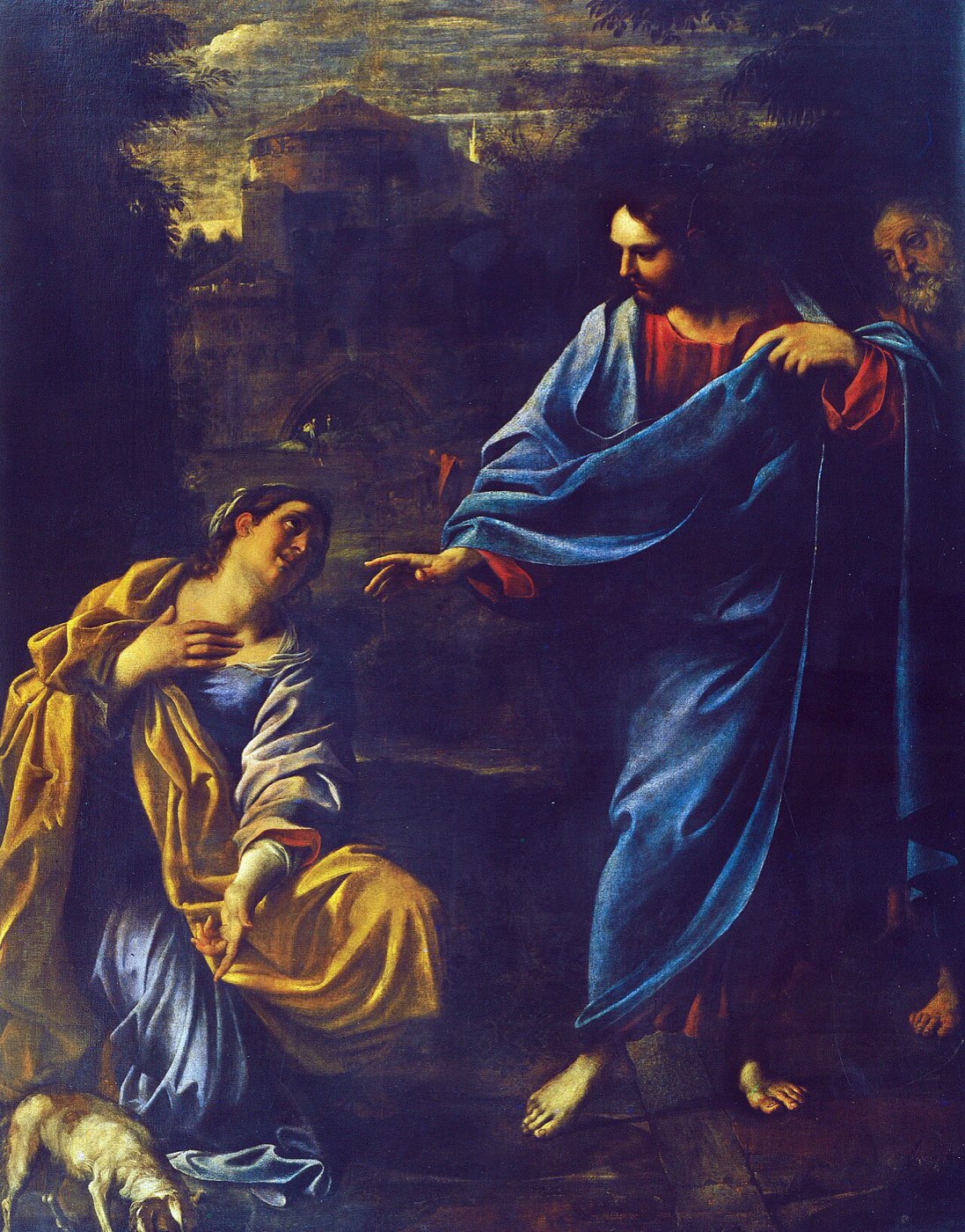 Carracci's painting of Christ and the Canaanite woman: the kneeling mother pleads with open hand as Jesus, disciples behind him, turns toward her in a hilly landscape.