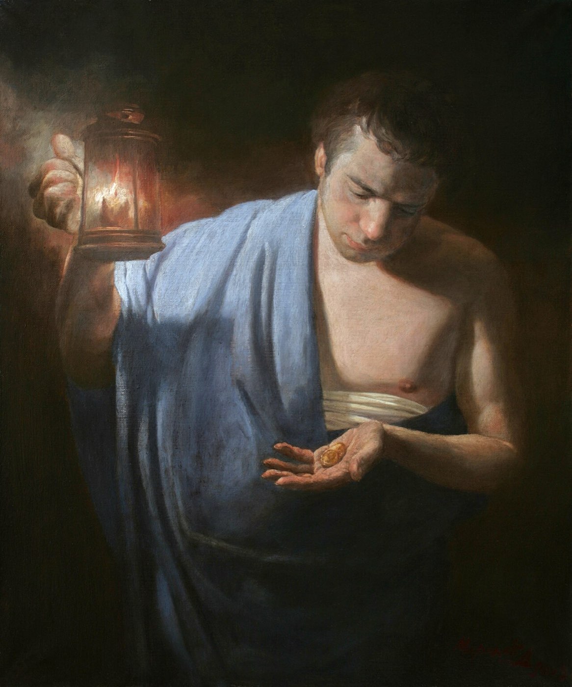 A modern painting of the parable of the talents: a servant in a red robe kneels at a hole in the ground, burying his master's talent by lamplight.