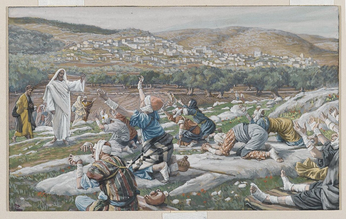 Tissot's watercolor of the healing of ten lepers: bandaged men on a rocky path call out to Jesus, who stands with his disciples across a low wall.