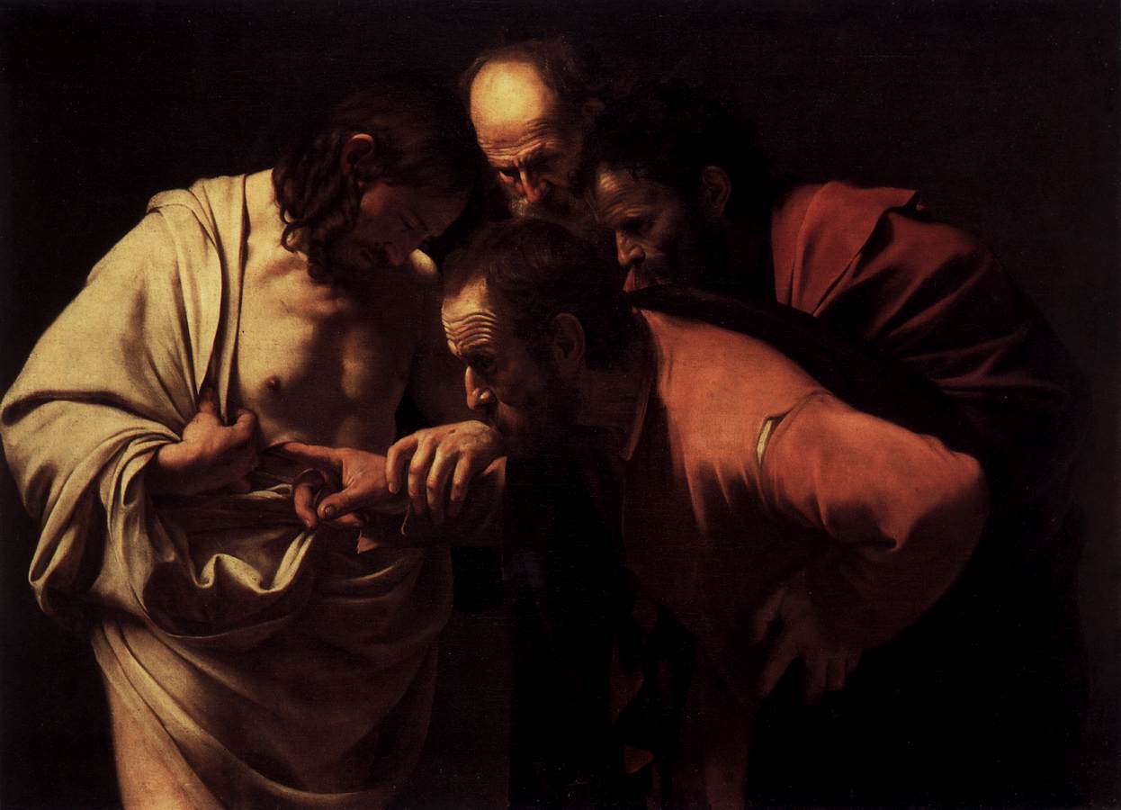 Caravaggio's Incredulity of Saint Thomas: Jesus guides Thomas' finger into the wound in his side while two other disciples lean in, brows furrowed.
