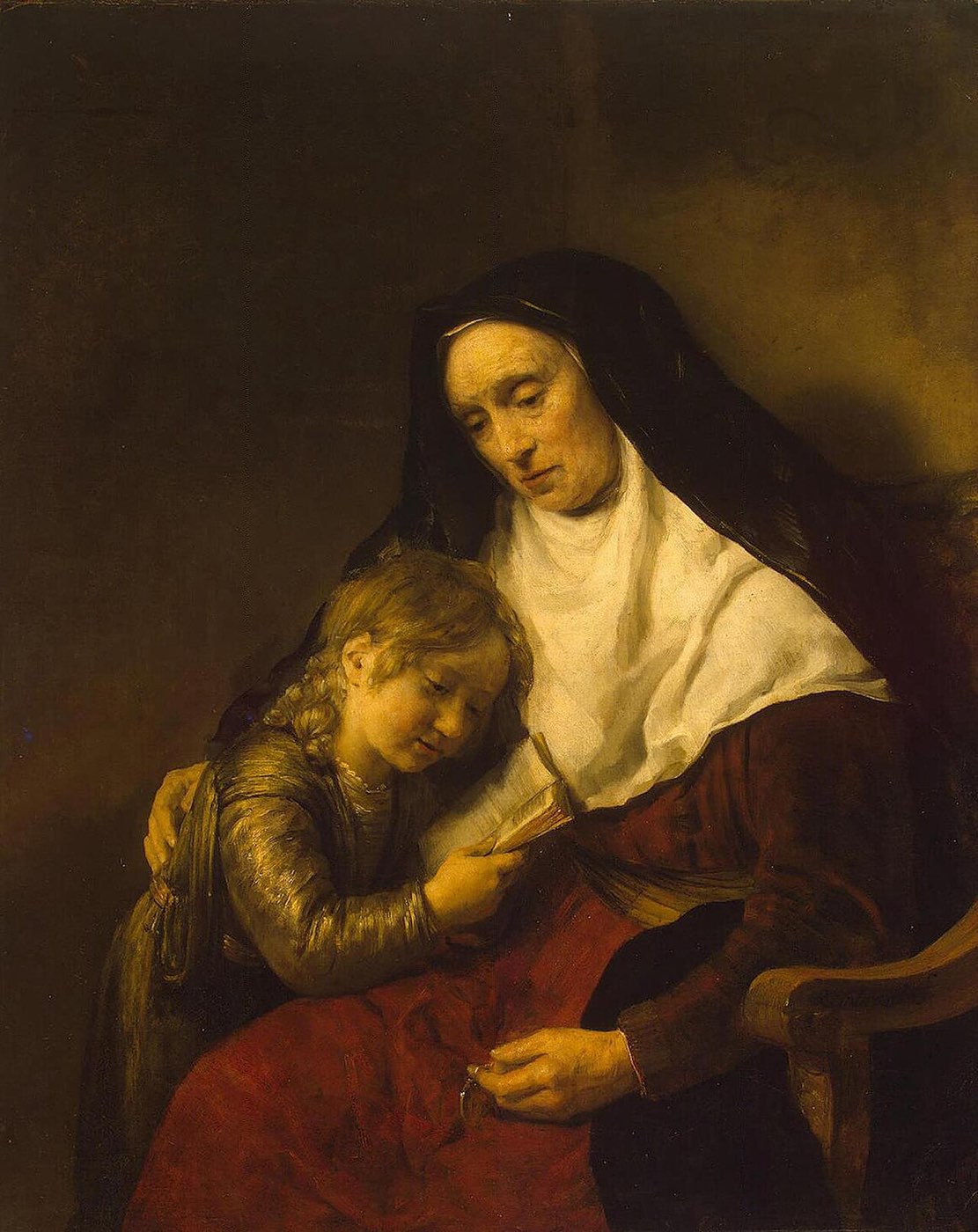 Drost's painting of the boy Timothy at his grandmother's knee as she points to the open Scriptures.