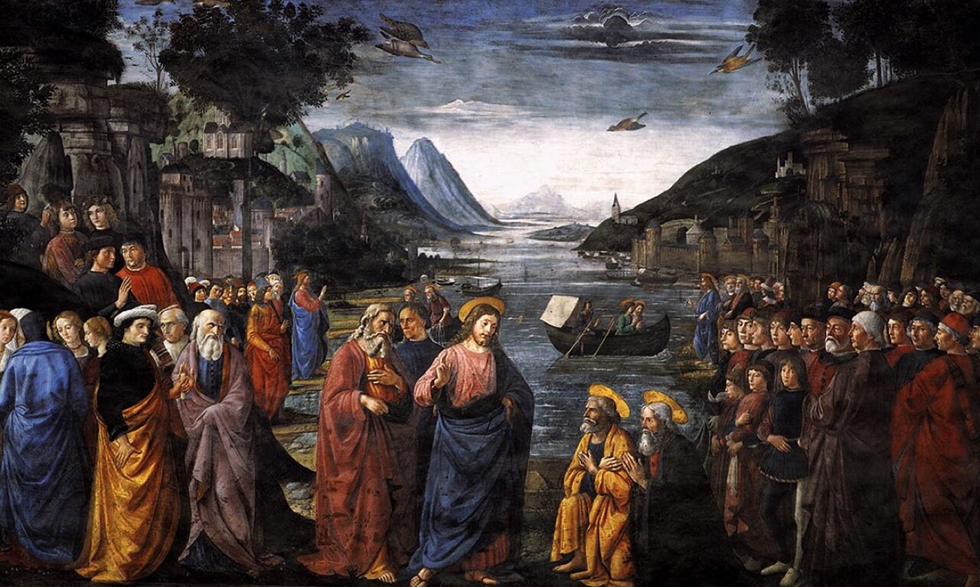 Ghirlandaio's Sistine Chapel fresco of the calling of the first apostles: Jesus blesses kneeling fishermen beside a lake, with crowds and a hill town behind.