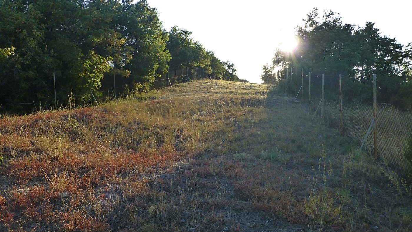 A preserved stretch of the Via Egnatia: large worn paving stones of the Roman road running through green countryside.