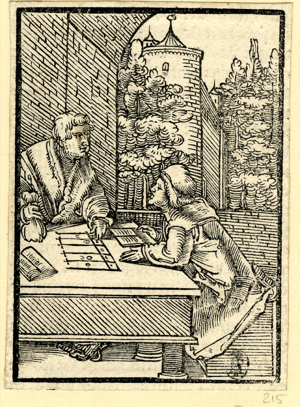 A 1514 woodcut of the unjust steward: the master confronts his manager over open account books while debtors wait with their bills.