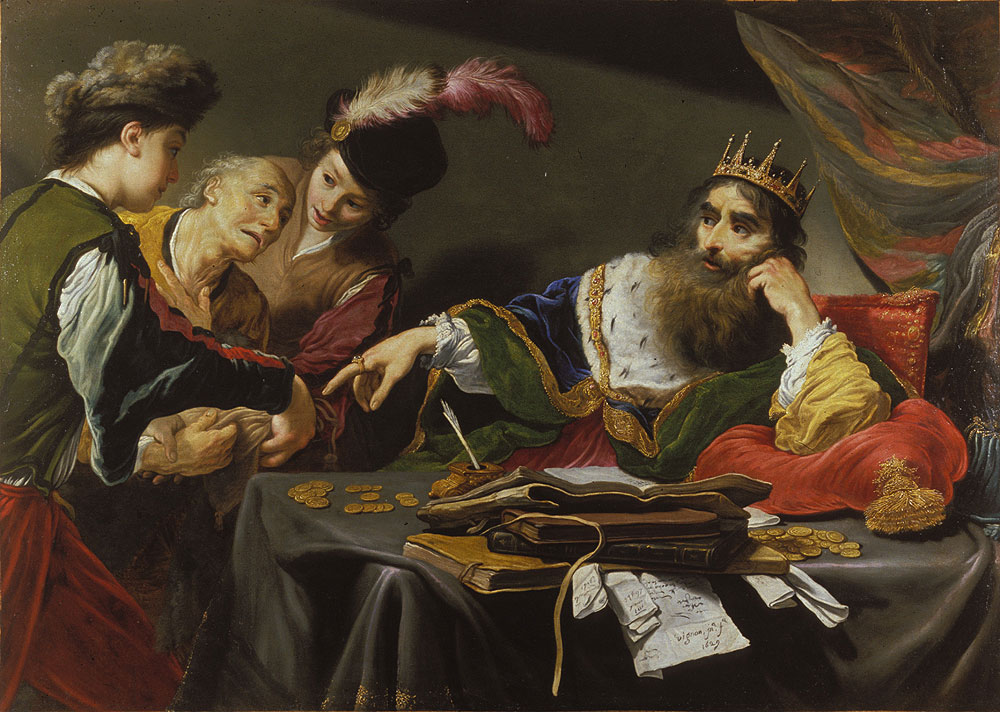 Vignon's painting of the parable: the servant kneels desperately before the enthroned king, who leans toward him amid counselors and ledgers.