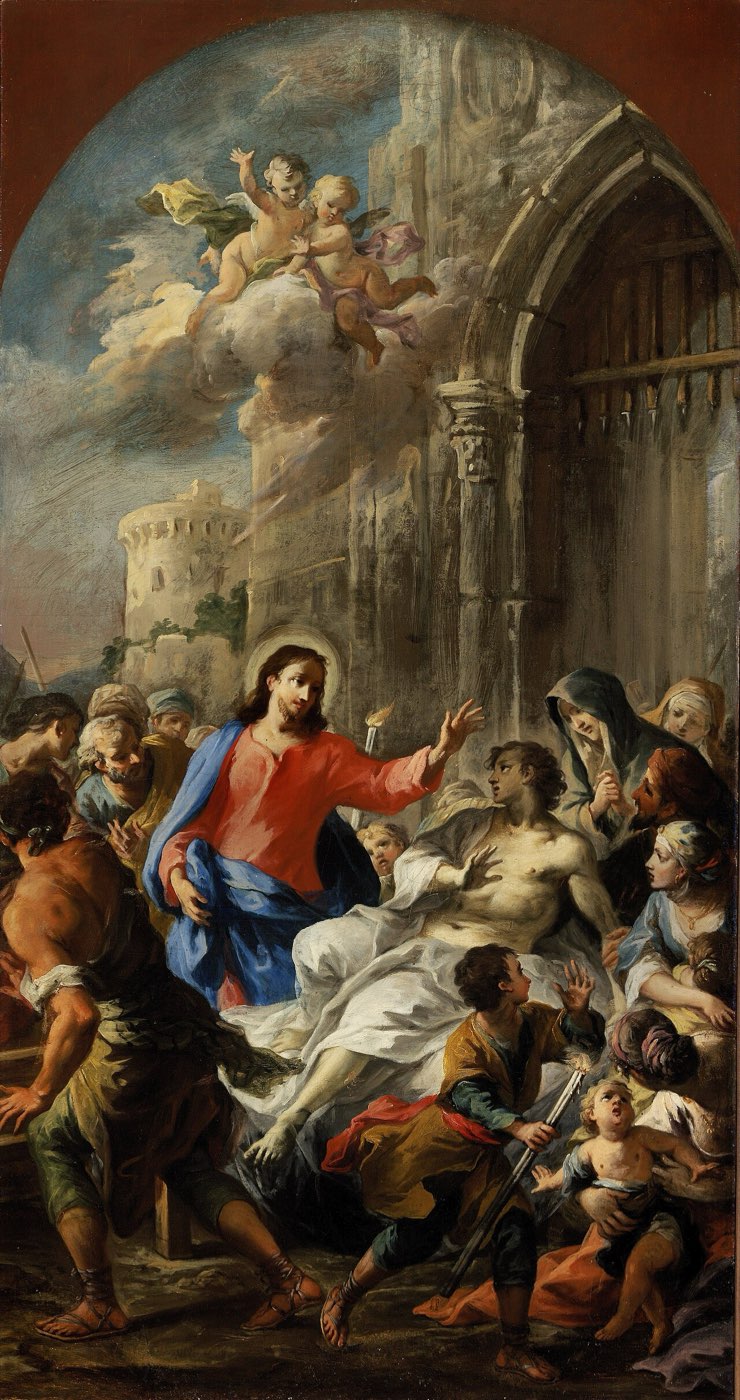 Altomonte's painting of the raising at Nain: the young man sits up from his bier toward Jesus while his astonished mother and the crowd press around.
