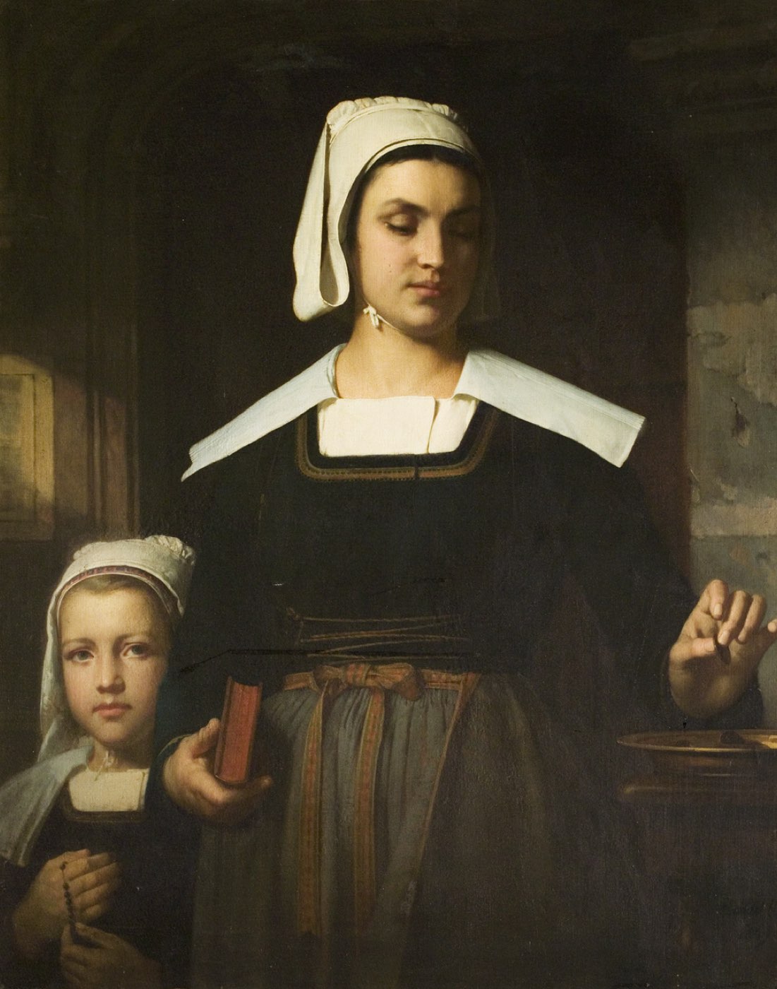 Hublin's painting of the widow's mite: a barefoot widow in dark mourning clothes, a child at her side, drops her small coins into the temple chest.