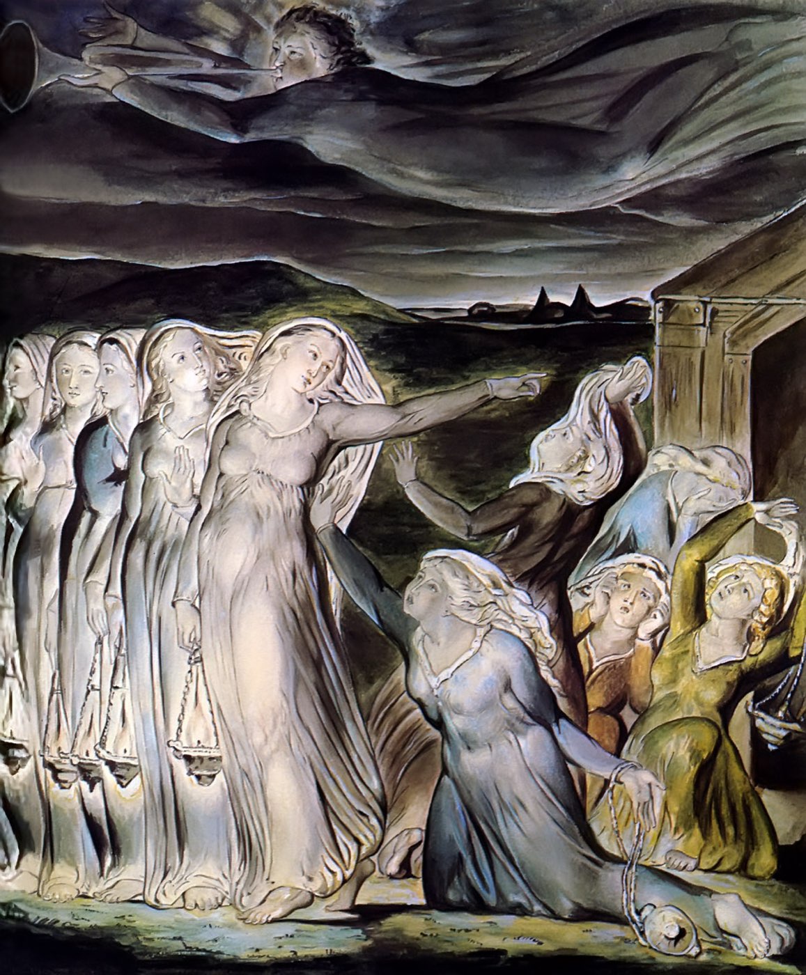 Blake's watercolor of the parable: five composed virgins with burning lamps stand at the left as five distraught ones plead, while a trumpeting angel soars over the dark landscape.