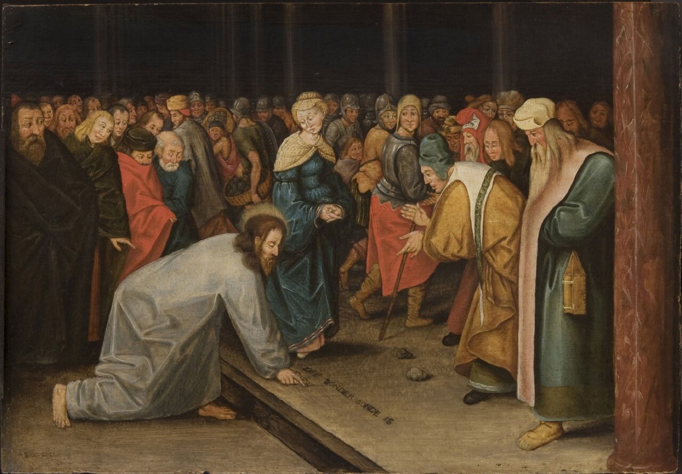 Brueghel's grisaille of Christ and the adulteress: Jesus stoops to write on the ground while the woman stands with bowed head and her accusers begin to turn away.