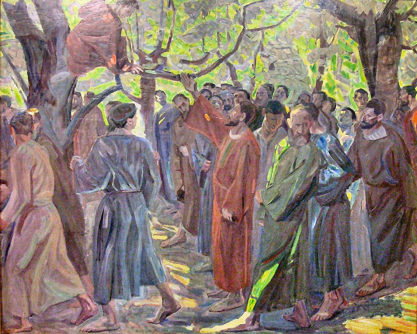 Stevns' painting of Zacchaeus: from a leafy sycamore the small man climbs down toward Jesus, who looks up at him from among the passing crowd.