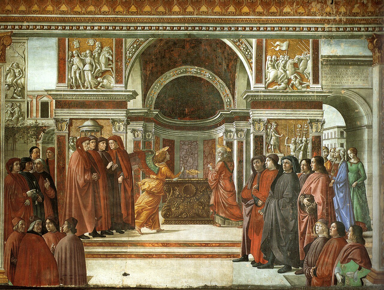 Ghirlandaio's fresco of the angel appearing to Zechariah: the angel addresses the robed priest at the temple altar while crowds of onlookers in Renaissance dress fill the ornate hall.
