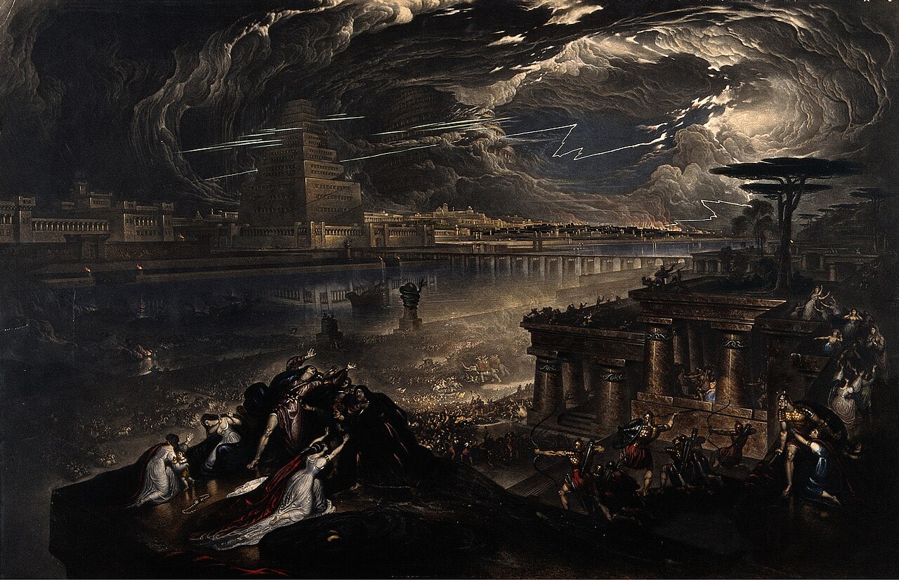 A dark, theatrical engraving after John Martin of the fall of Babylon: lightning splits storm clouds over a vast ziggurat city on a river, while crowds panic on a temple terrace in the foreground.