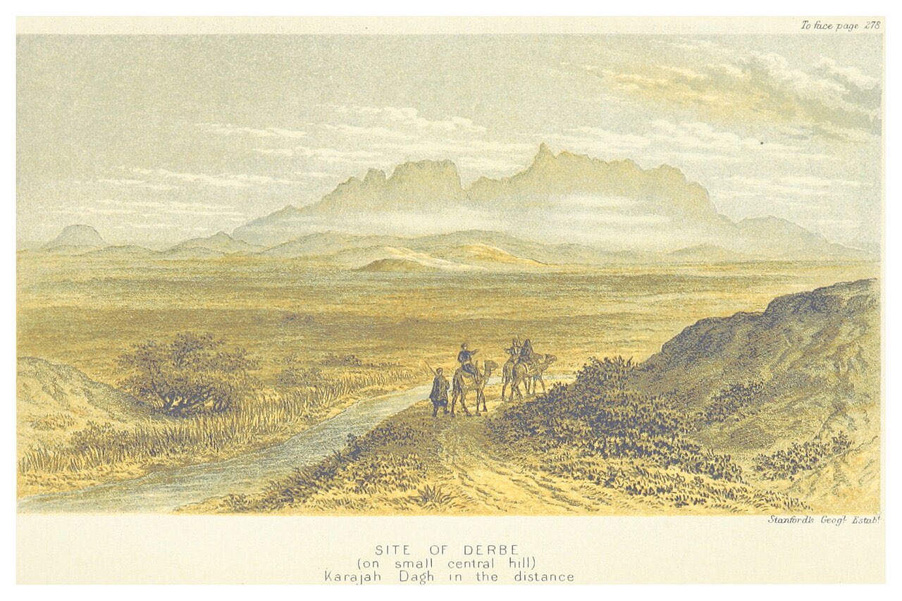 An 1879 color lithograph of the site of Derbe: a low mound on a bare plain with mountains on the horizon.