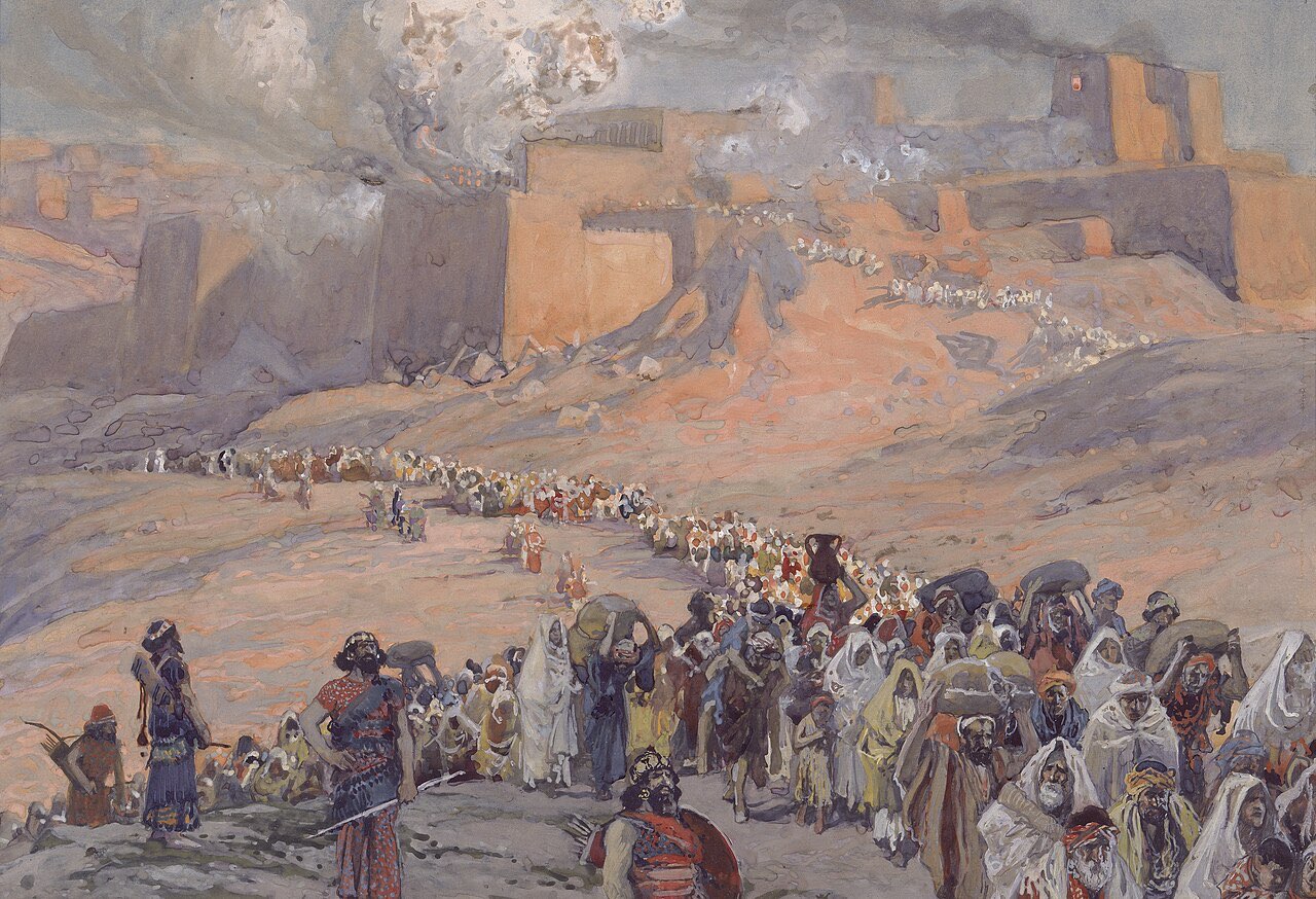 James Tissot's painting of the flight of the prisoners: a long column of exiles carrying bundles streams away from burning Jerusalem.