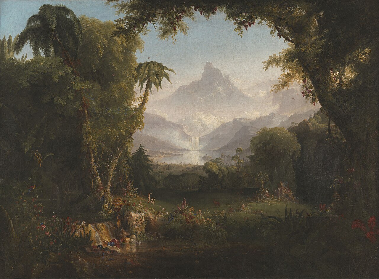 Thomas Cole's painting of the Garden of Eden: a lush green valley of palms and flowering trees framing a still lake, waterfall, and radiant mountain.