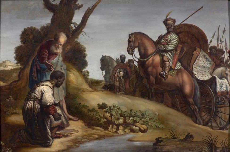 Rembrandt's painting of the baptism of the Ethiopian eunuch: Philip baptizes the kneeling official beside his grand carriage and attendants at the water's edge.
