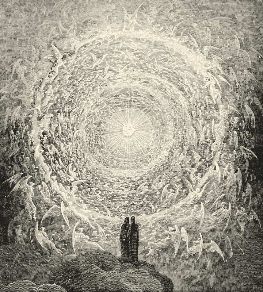 Gustave Dore's engraving of the highest heaven: ranks of angels form ring upon ring of light around a radiant center, while two small robed figures look on from a cloud below.