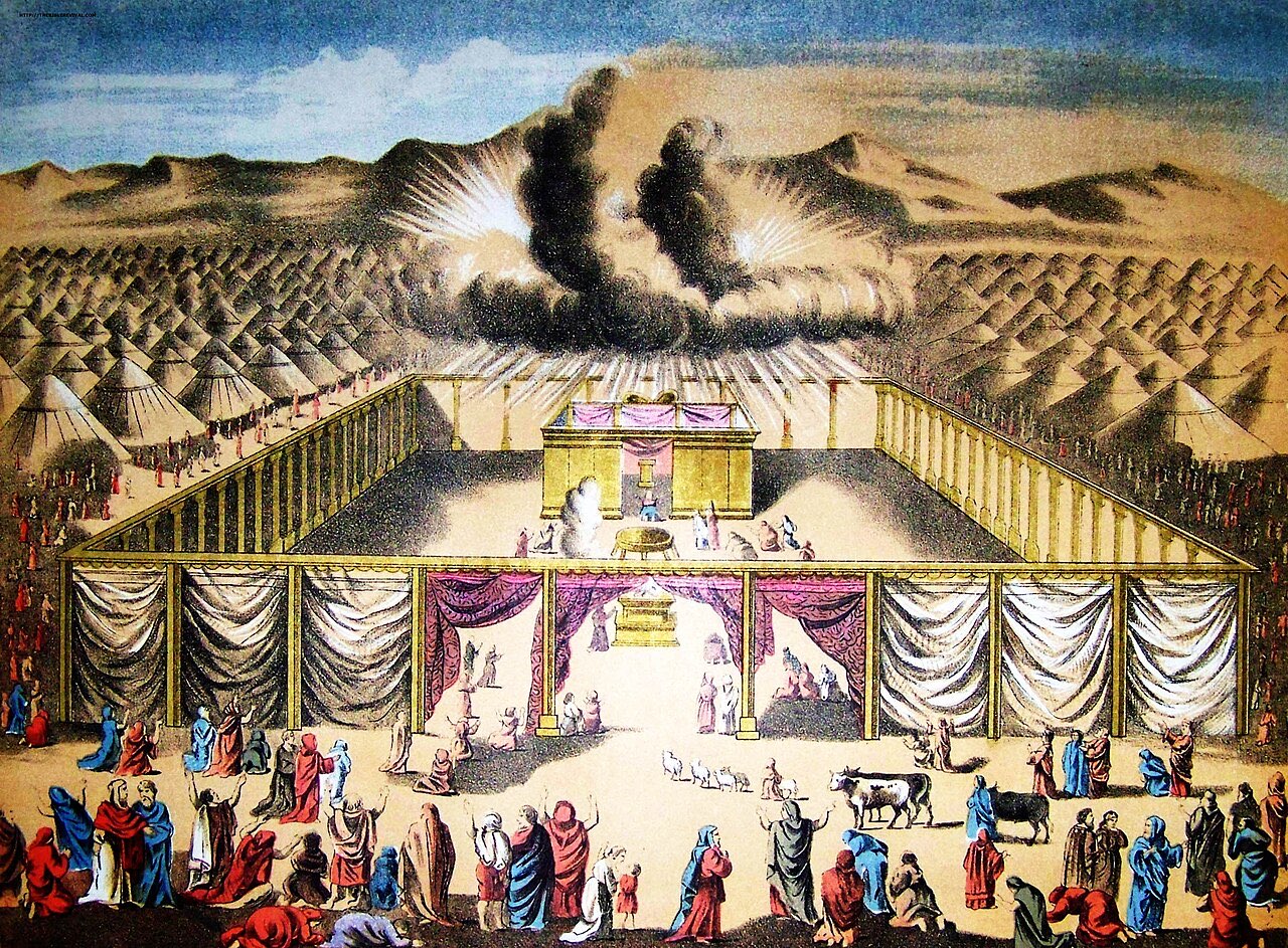 A colored illustration of the wilderness tabernacle: the curtained court and pillared enclosure at the center of Israel's tent camp, with the pillar of cloud rising above the mountains behind.