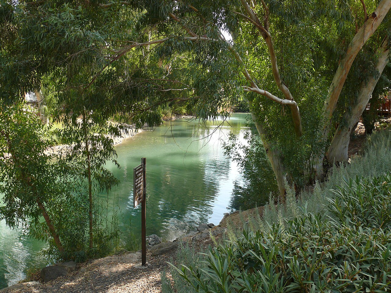 A calm green stretch of the Jordan River overhung by eucalyptus trees, with dense brush crowding both banks.