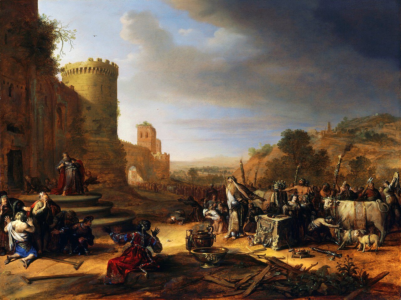 Breenbergh's painting of the sacrifice at Lystra: a crowd and a priest with a garlanded ox prepare an offering before classical buildings while Paul and Barnabas protest.