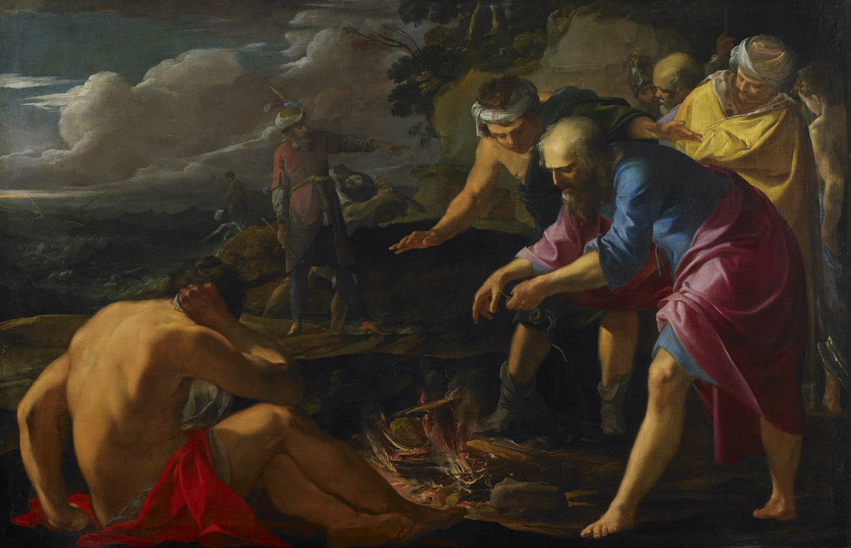 La Hyre's dark painting of Paul shipwrecked on Malta: survivors huddle around a fire on the shore as Paul shakes the viper from his hand, the wrecked sea behind them.