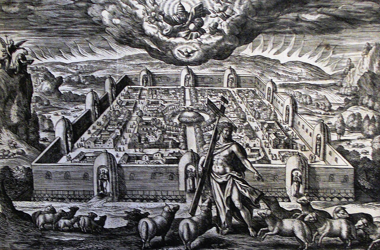 An engraving of the New Jerusalem: a vast square walled city with gates full of figures, seen from above, with Christ in the foreground among sheep and the Trinity enthroned in clouds overhead.
