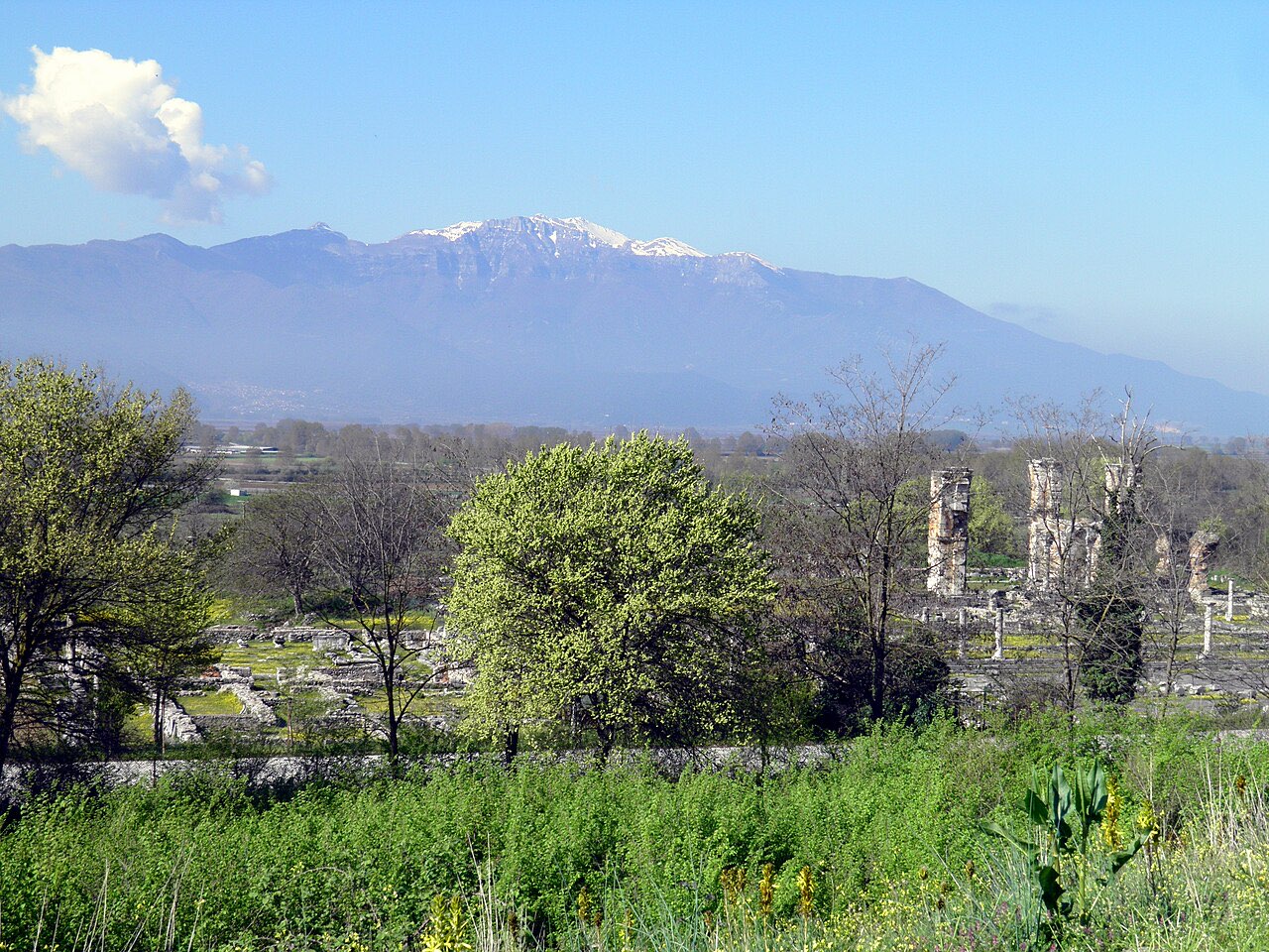 The ruined forum and basilica pillars of Philippi with the snow-streaked Pangaion mountains in the distance.