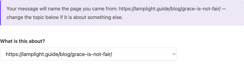 The Contact page's note and topic field, pre-filled with the essay the reader came from after clicking the author's byline.