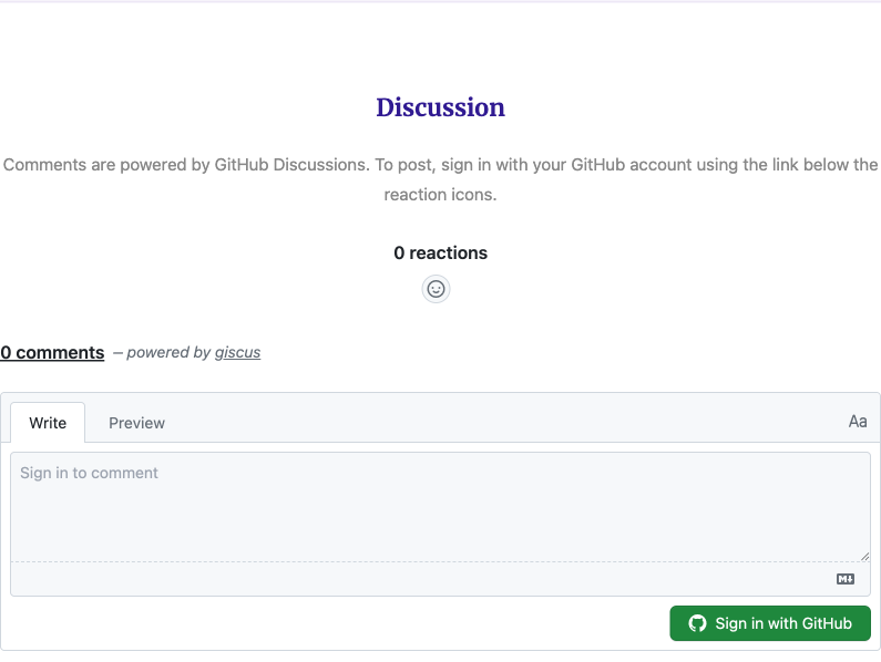 The Discussion section at the bottom of a day page, showing a reaction row, a comment count, and a Sign in with GitHub button.