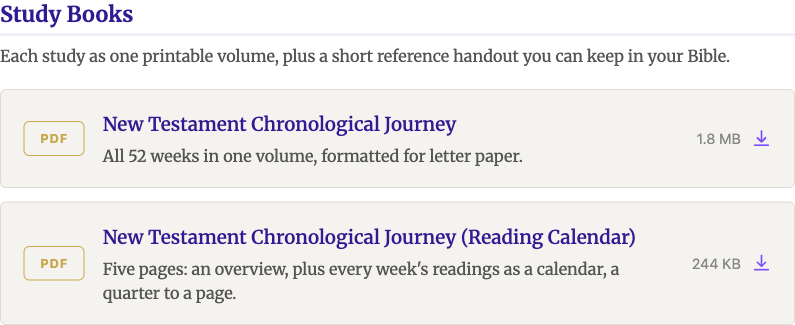 The Downloads page's Study Books group, showing two files: the full study volume and a five-page Reading Calendar handout, each with its file size.