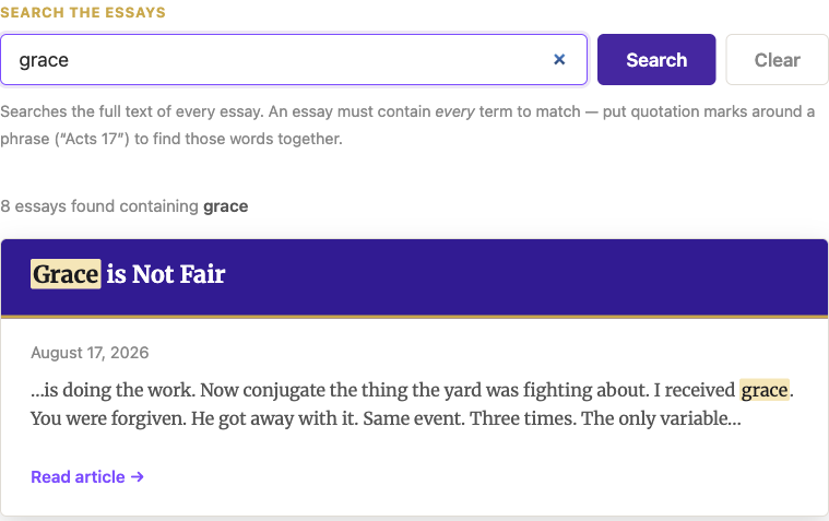 The essay search results for the query grace, showing the count line and the first matching essay, Grace is Not Fair, with the search term highlighted.