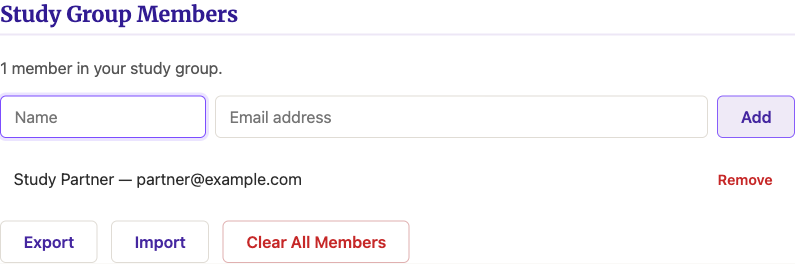 The Study Group Members section, with one member added, plus Export, Import, and Clear All Members buttons.