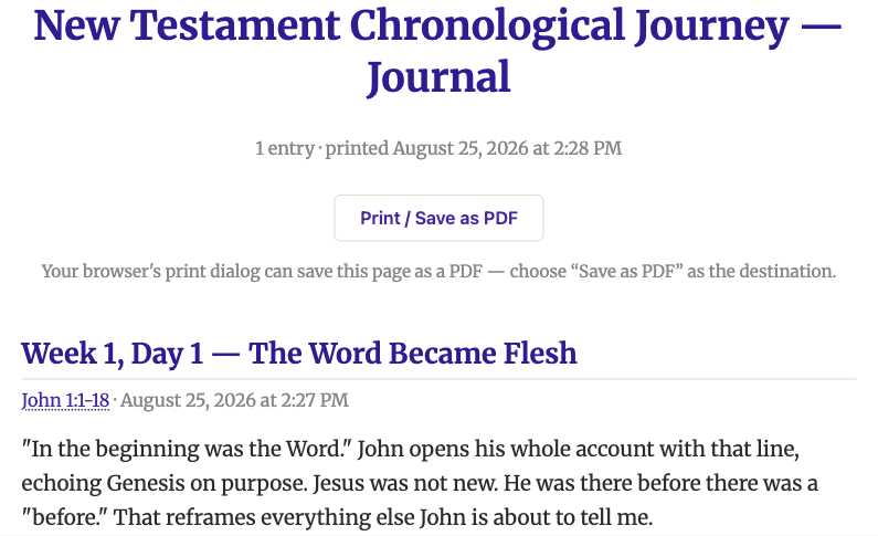The journal print page for one study, showing the print heading, a "Print / Save as PDF" button, and a single dated entry on John 1:1-18.
