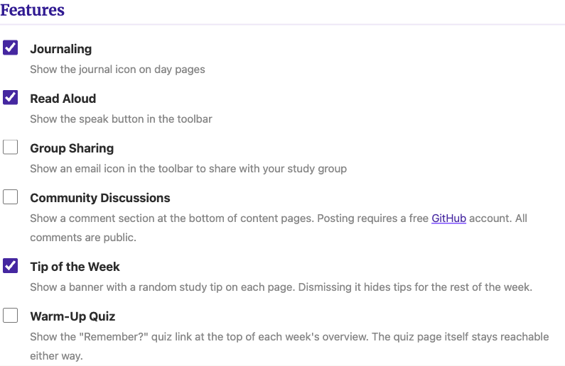 The Features section of the Settings page, showing six toggles: Journaling on, Read Aloud on, Group Sharing off, Community Discussions off, Tip of the Week on, and Warm-Up Quiz off.
